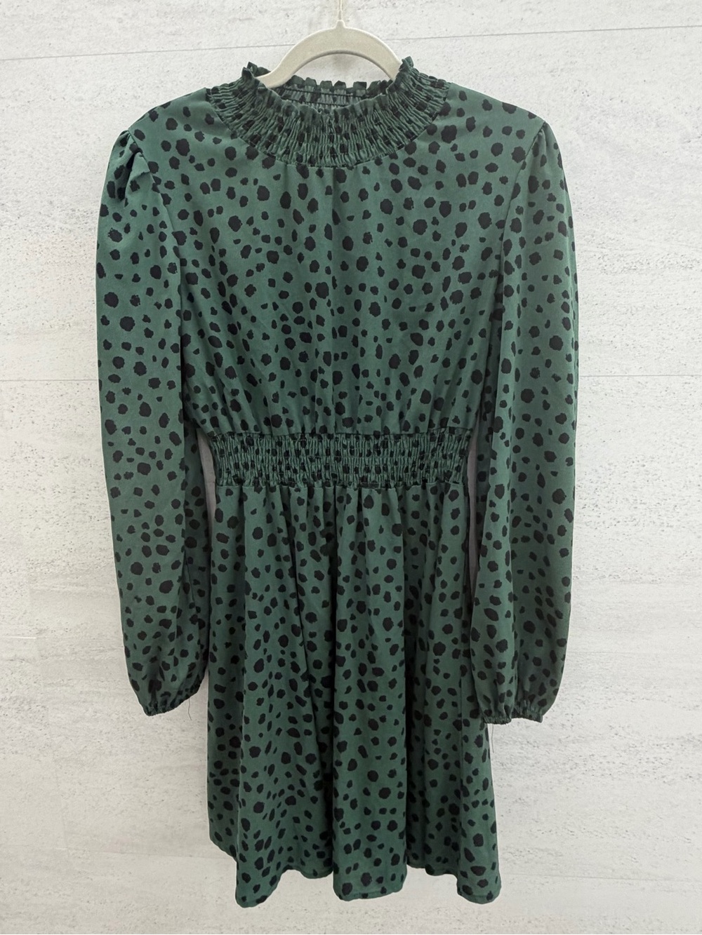 Forest Green Long-Sleeve Smocked Neck Polka Dot Dress